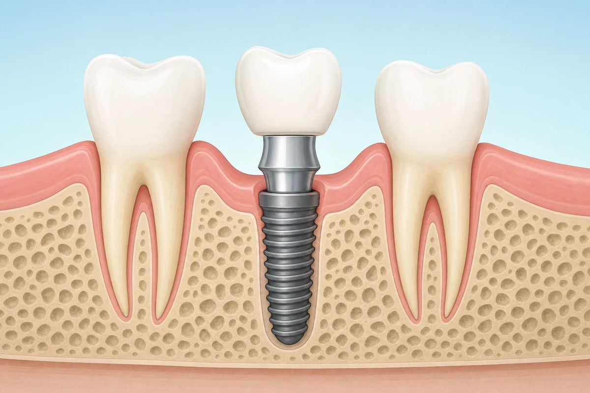 The three parts of a dental implant: titanium post, abutment, and crown