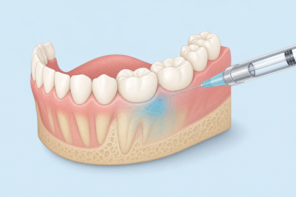 Dental syringe with anaesthetic cartridge positioned near a lower molar