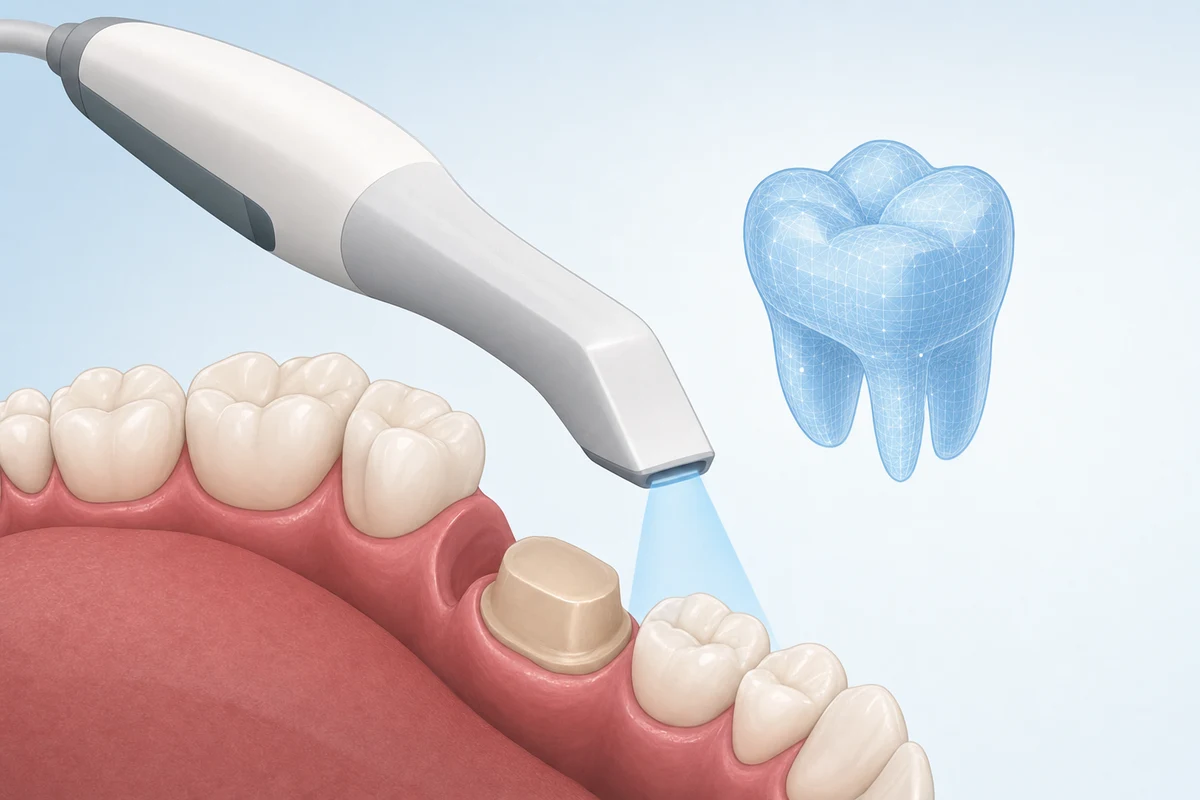 Intraoral scanner wand capturing a 3D digital impression of a prepared tooth