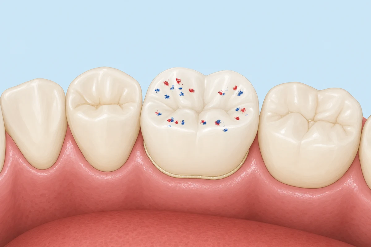 Cemented dental crown with articulating paper marks indicating bite contact points