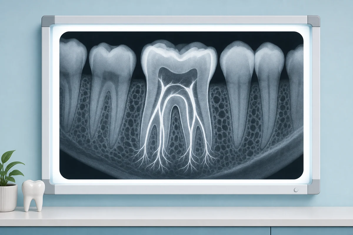 Dental radiograph showing tooth root canals and surrounding bone