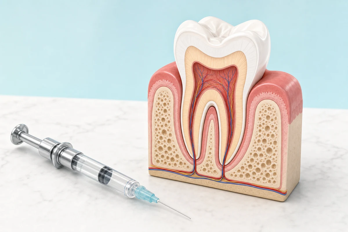 Dental syringe with anaesthetic cartridge beside a tooth cross section