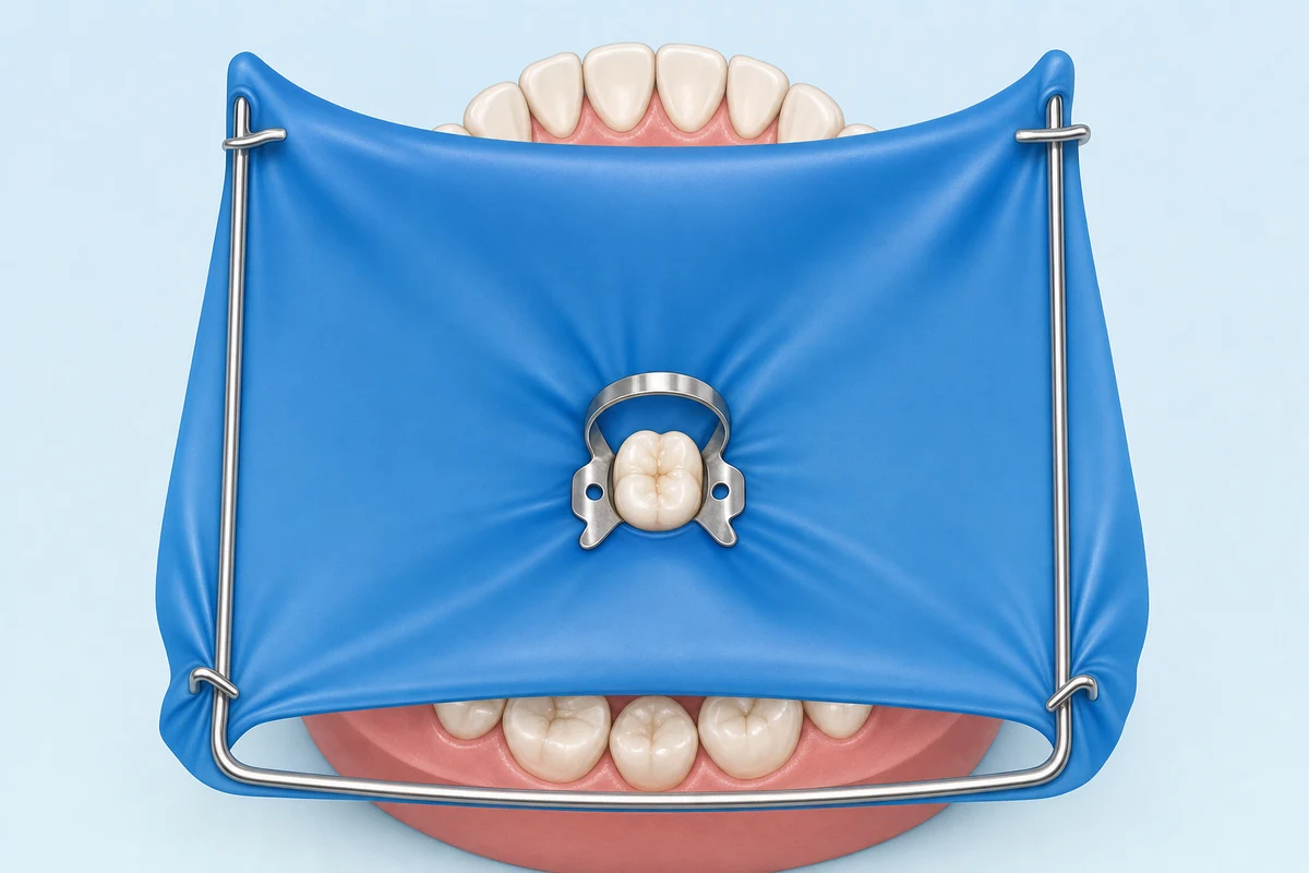 Rubber dam sheet isolating a single tooth from surrounding teeth
