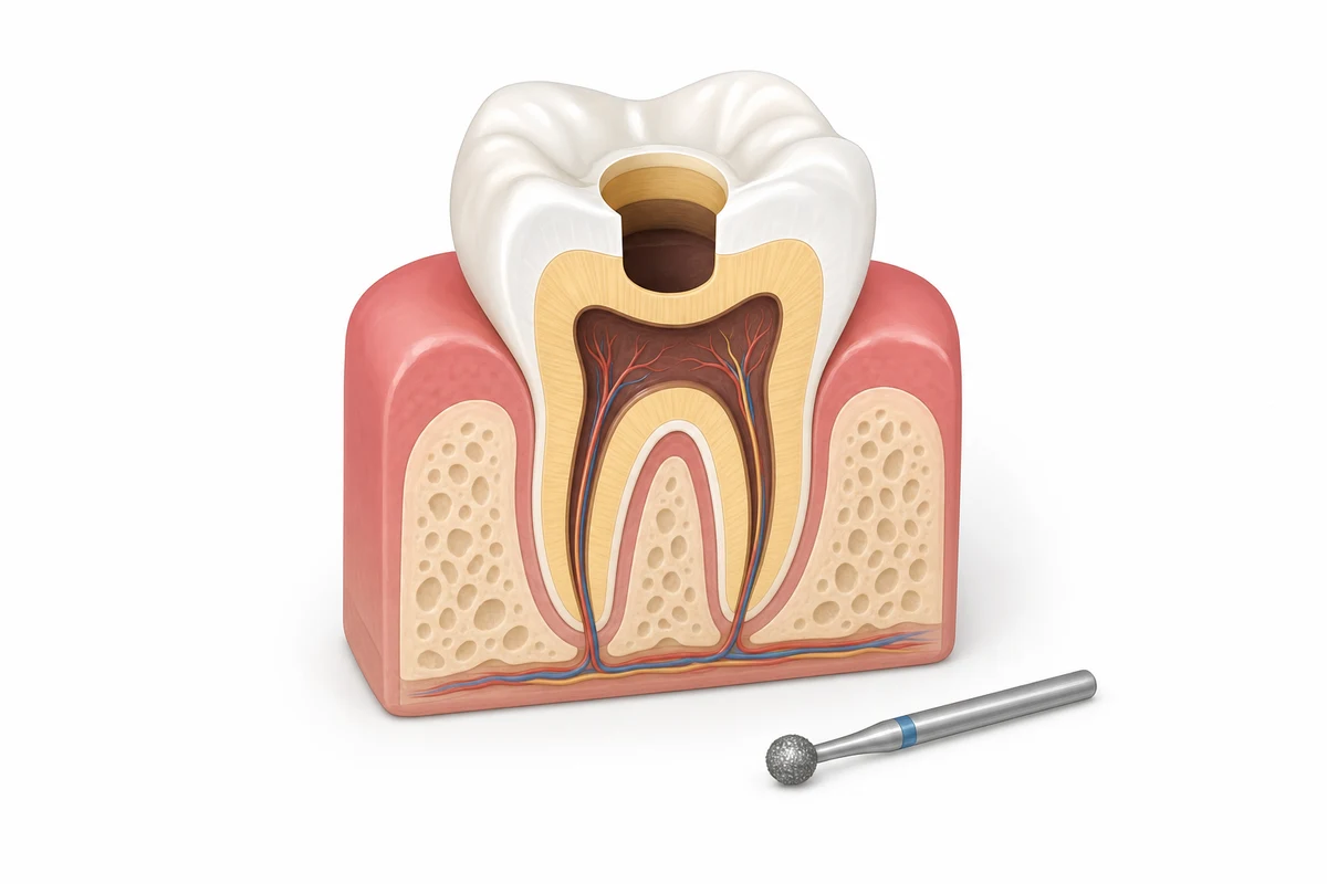 Small round access cavity drilled into the crown of a molar