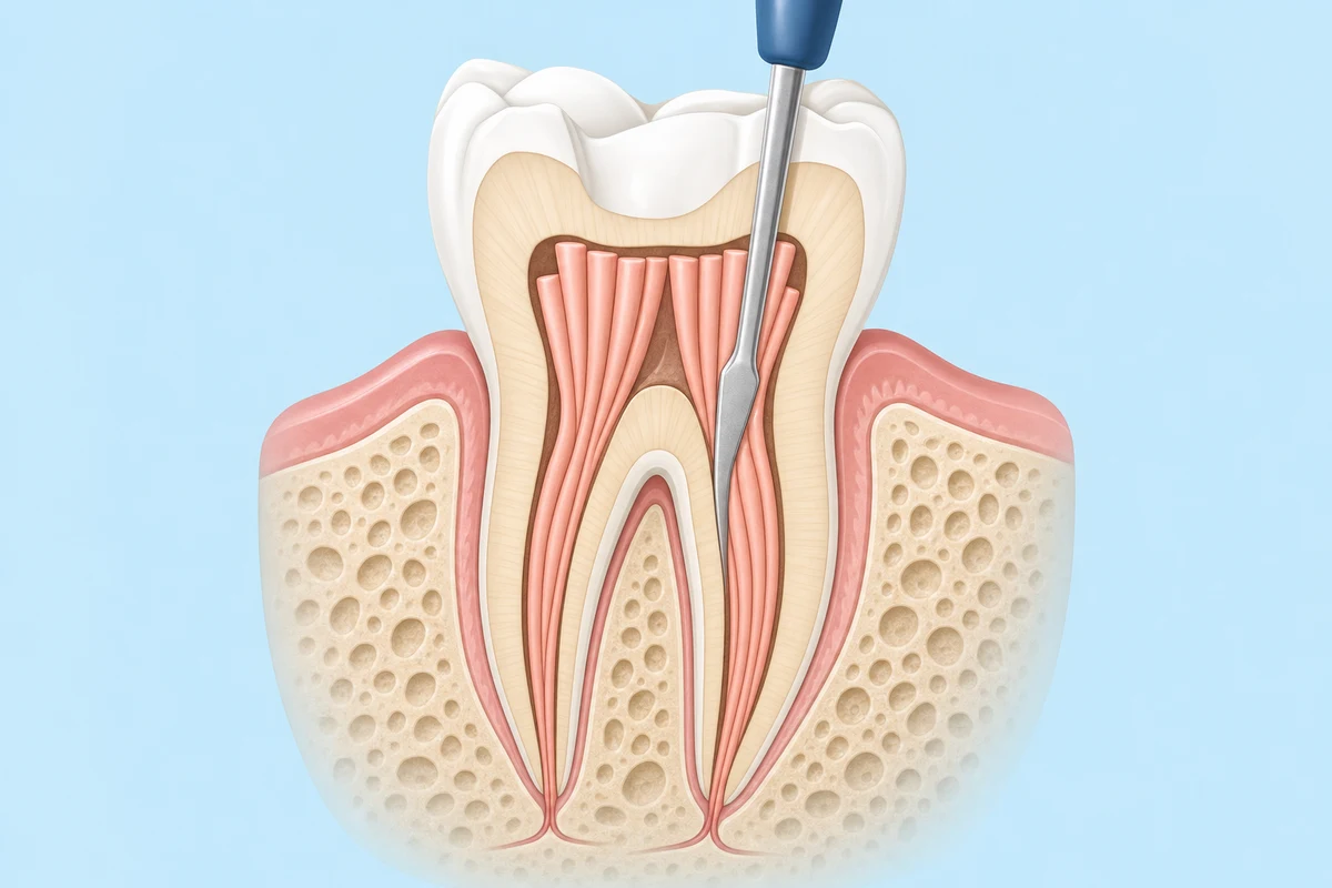 Gutta percha cones being compacted into sealed root canals