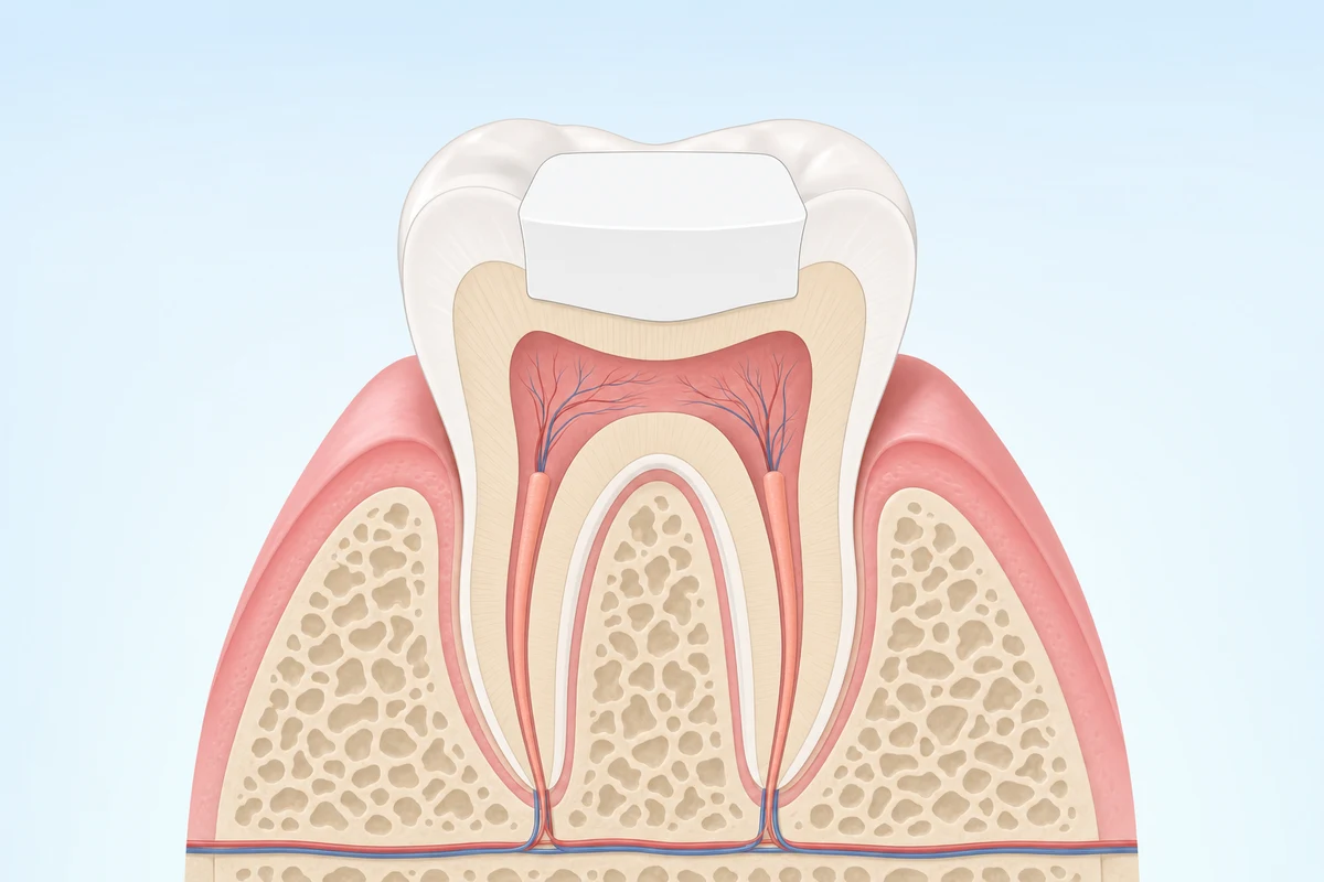 Temporary white filling material placed in the access opening of a tooth